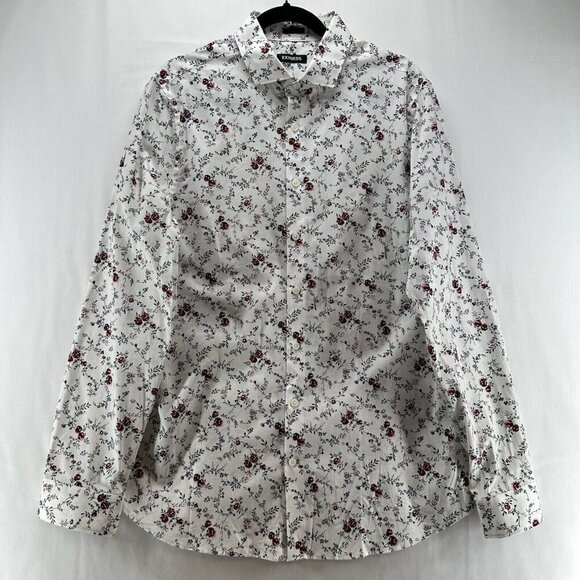 Express Blouse Womens Sz L Extra Slim Shirt Floral Button Front Cotton White - Picture 1 of 12